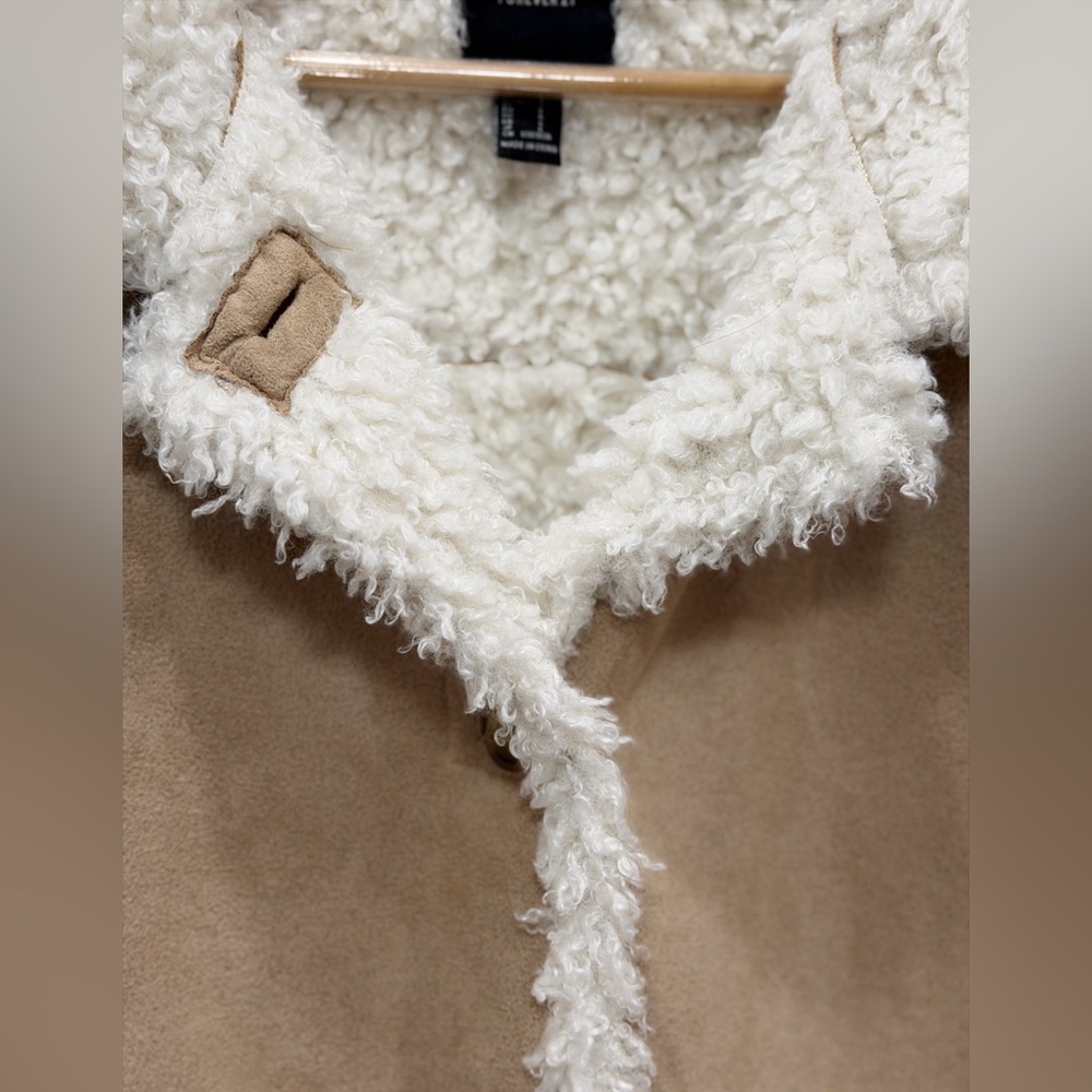 SOLD - Forever 21 Faux Suede & Shearling Coat Tan Size L | Long Sherpa-Lined - Picture 4 of 7